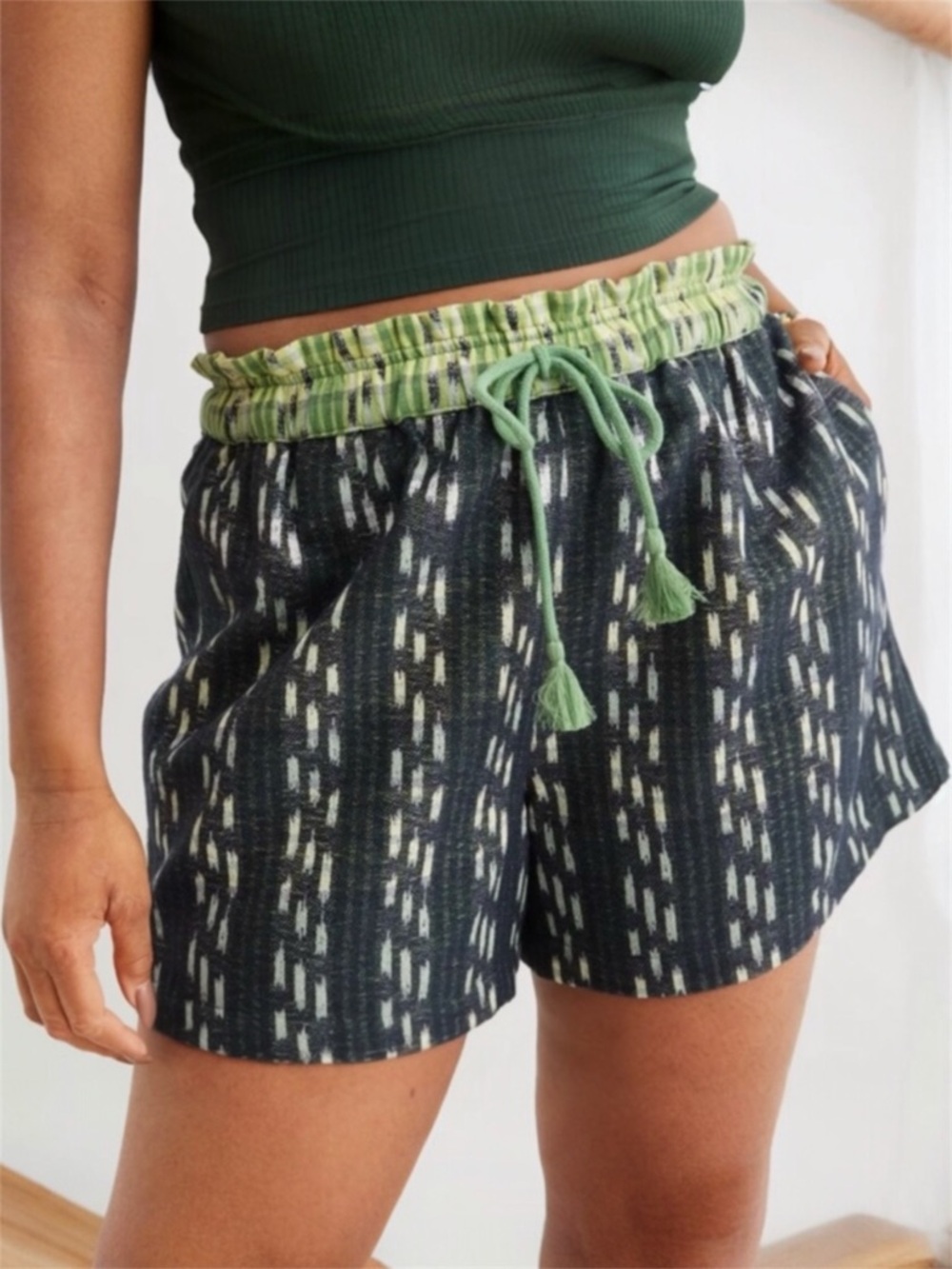 aerie Black & Green High Waist Patterned Drawstring Shorts